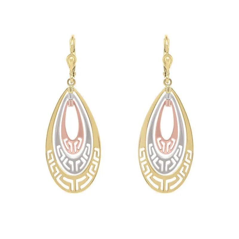 10K Tri-Color Gold Layered Fancy Teardrop Earrings
