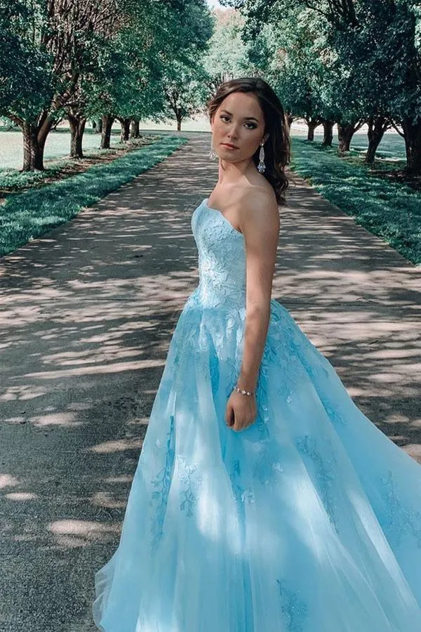A-line Blue Lace Appliques Long Prom Dress Evening Dress PSK196