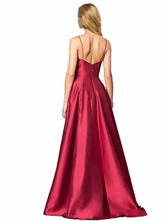 A-line V-neck Spaghetti Strap Burgundy Prom Dresses Long Evening Gowns   PG679