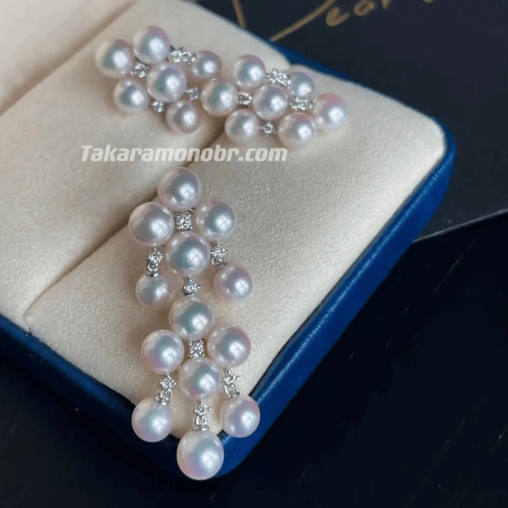 Akoya Pearl Cluster Drop Earrings & Diamond, 5.0-6.0 mm