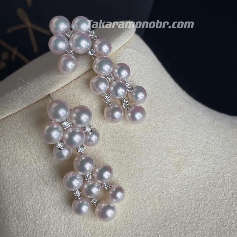 Akoya Pearl Cluster Drop Earrings & Diamond, 5.0-6.0 mm