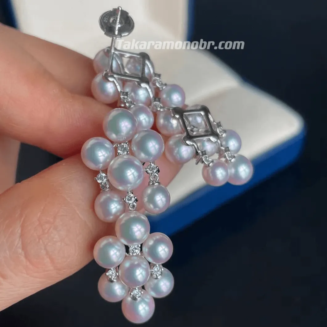 Akoya Pearl Cluster Drop Earrings & Diamond, 5.0-6.0 mm