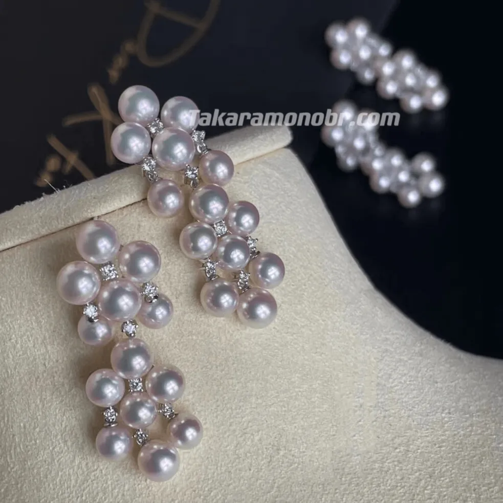 Akoya Pearl Cluster Drop Earrings & Diamond, 5.0-6.0 mm