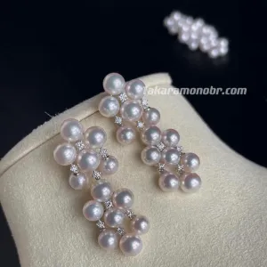 Akoya Pearl Cluster Drop Earrings & Diamond, 5.0-6.0 mm