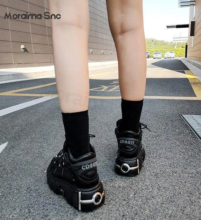 Alternative Fashion Alert: Plus-Size Gothic Platform Shoes with Small Leather and Metal Trim Detail