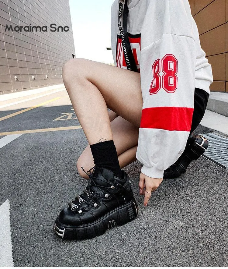 Alternative Fashion Alert: Plus-Size Gothic Platform Shoes with Small Leather and Metal Trim Detail