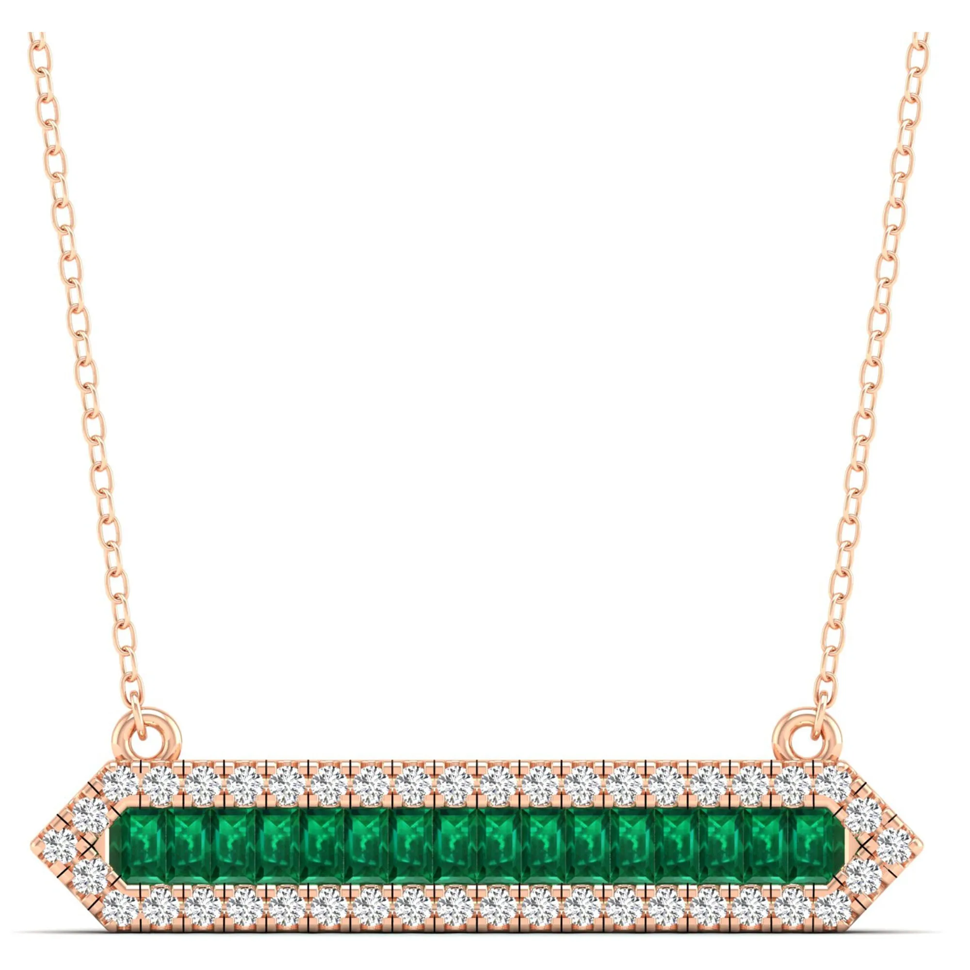 Baguette Emerald & Diamond Halo Bar Necklace