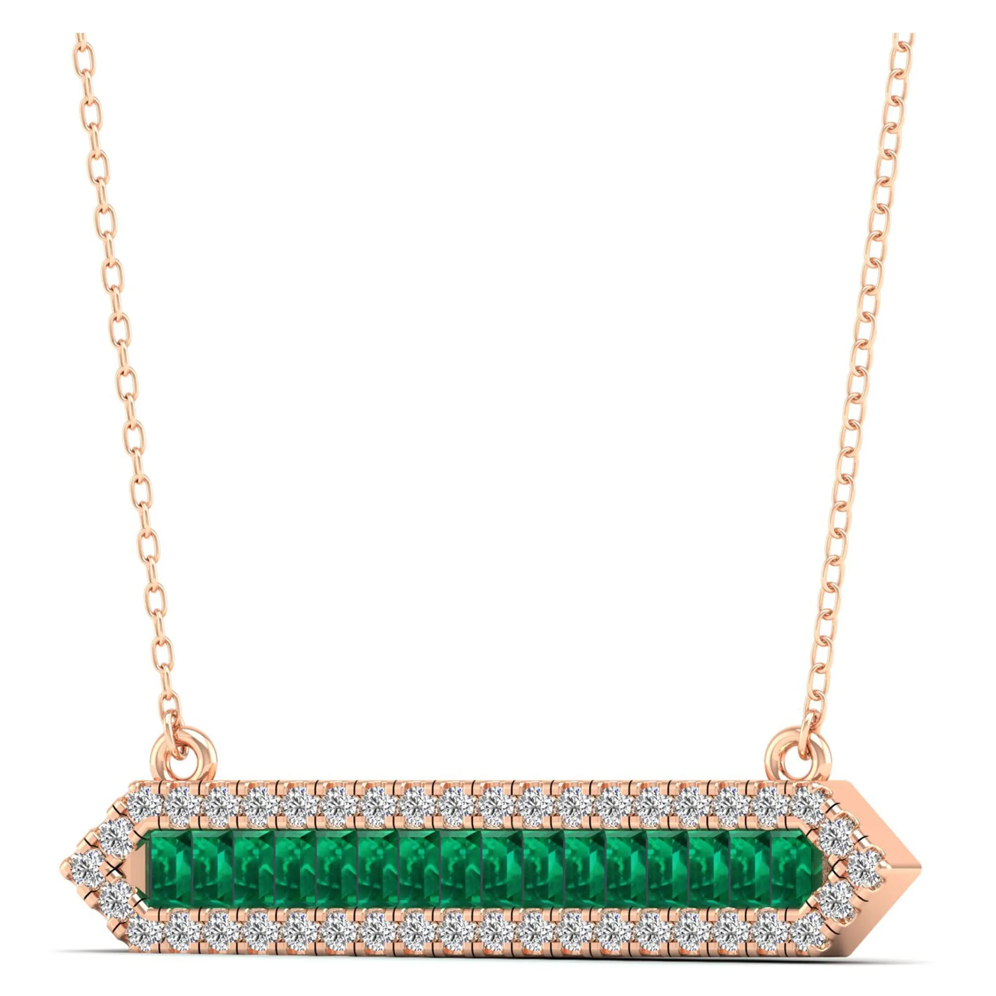 Baguette Emerald & Diamond Halo Bar Necklace