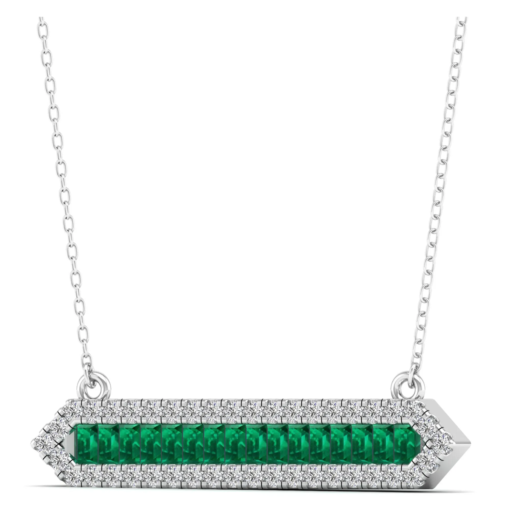 Baguette Emerald & Diamond Halo Bar Necklace