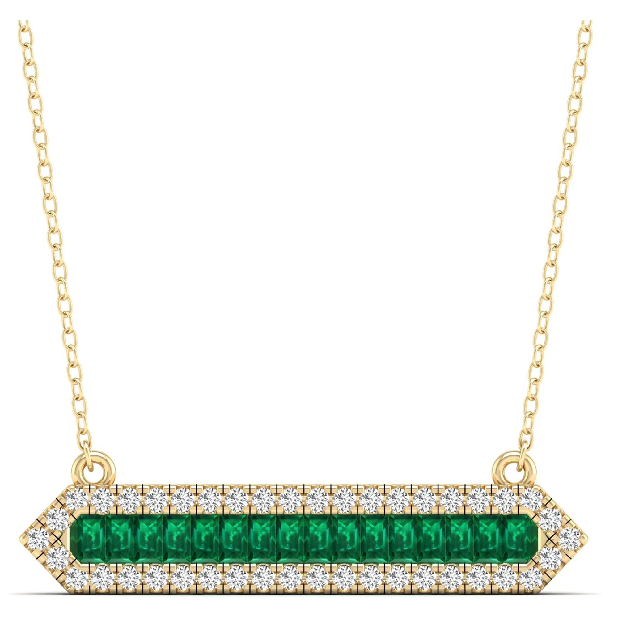 Baguette Emerald & Diamond Halo Bar Necklace