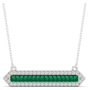Baguette Emerald & Diamond Halo Bar Necklace