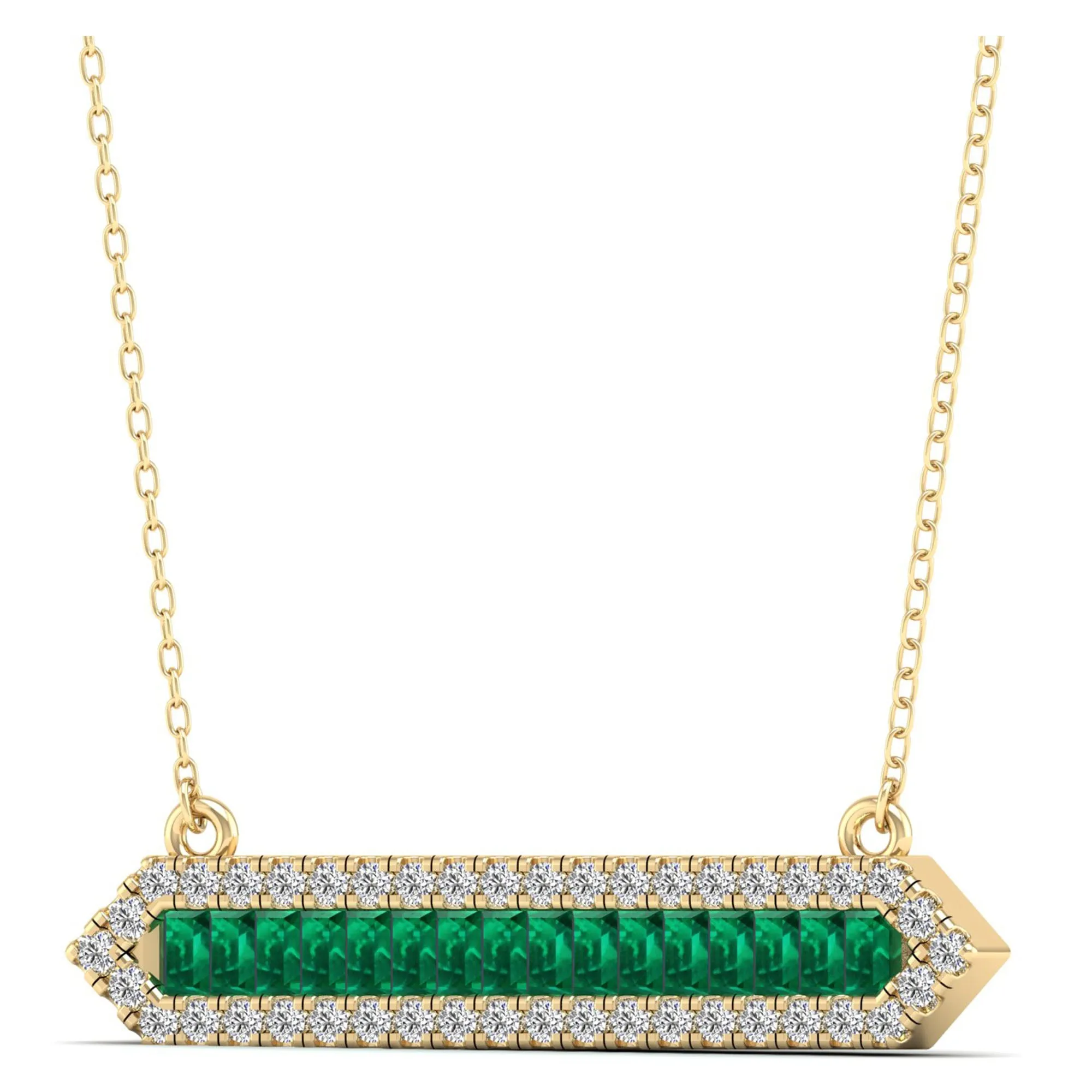 Baguette Emerald & Diamond Halo Bar Necklace