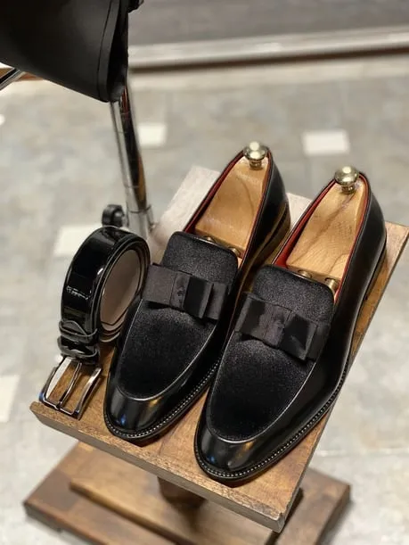 Black Calf Velvet Bow Loafers