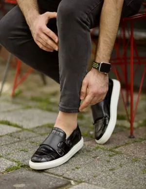 Black Crocodile Pattern Monk Strap Shoes