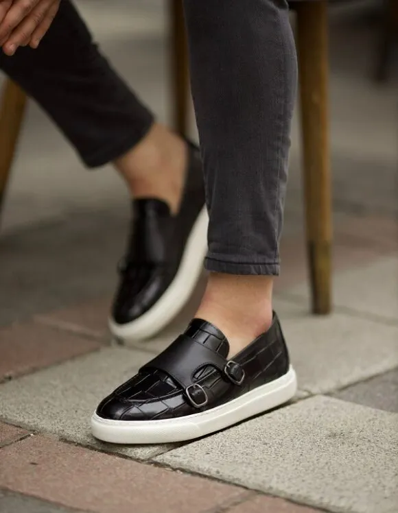 Black Crocodile Pattern Monk Strap Shoes