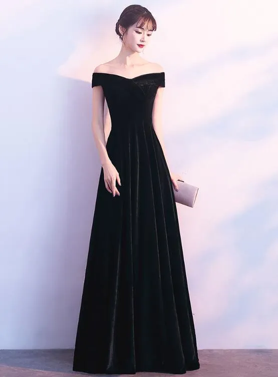 Black Off Shoulder Velvet Long Bridesmaid Dress, Elegant Black Party Dress