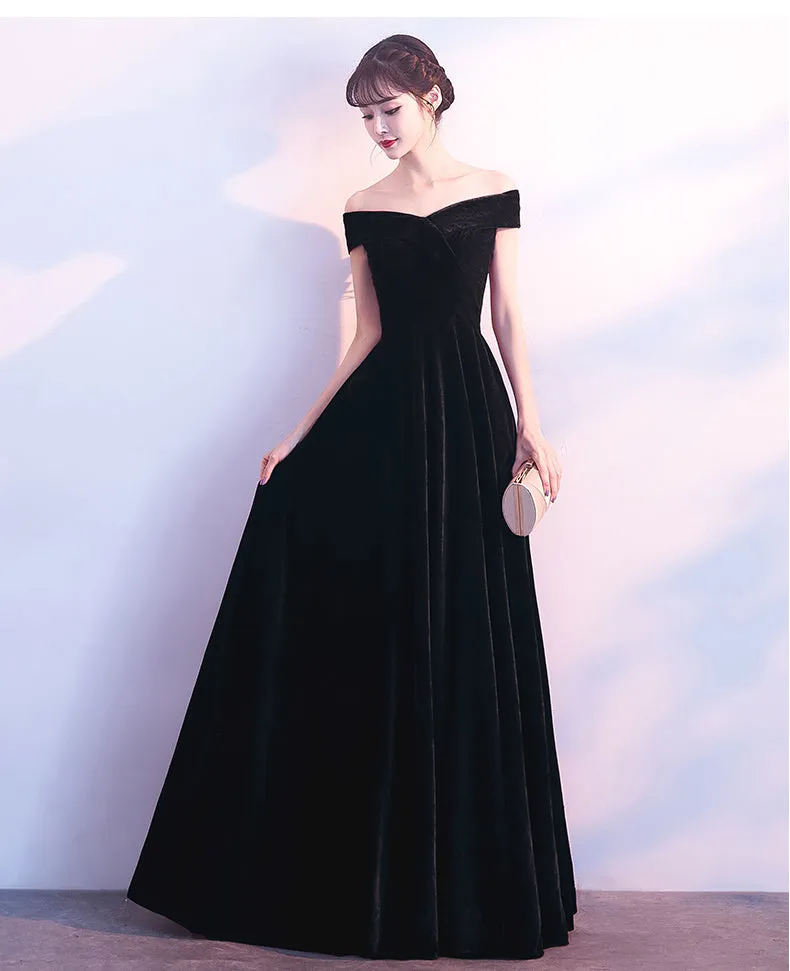 Black Off Shoulder Velvet Long Bridesmaid Dress, Elegant Black Party Dress