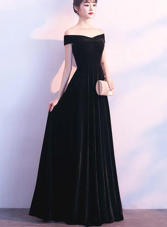 Black Off Shoulder Velvet Long Bridesmaid Dress, Elegant Black Party Dress