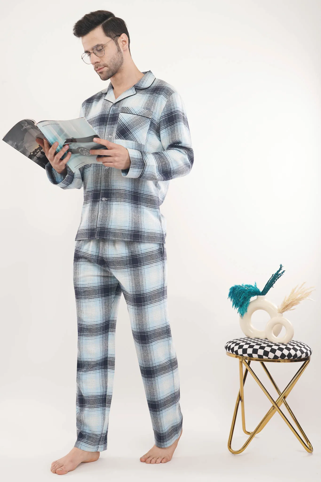 Blue Crest | Light Blue & White Oxford Checks Loungewear Set