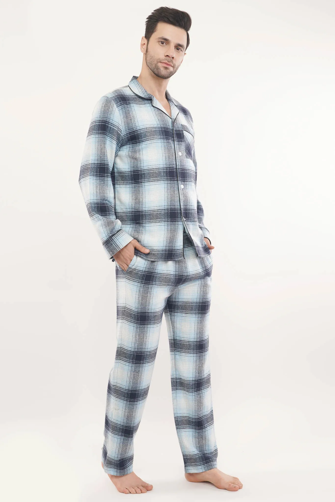 Blue Crest | Light Blue & White Oxford Checks Loungewear Set