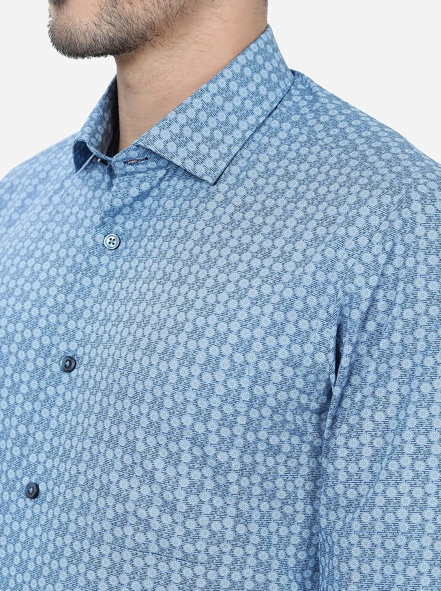Blue Printed Slim Fit Formal Shirt | Greenfibre