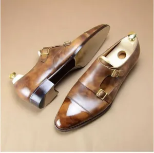 Brown Calf Leather Patina Toe Cap Monk Straps - Formal Shoes - Monk Shoes
