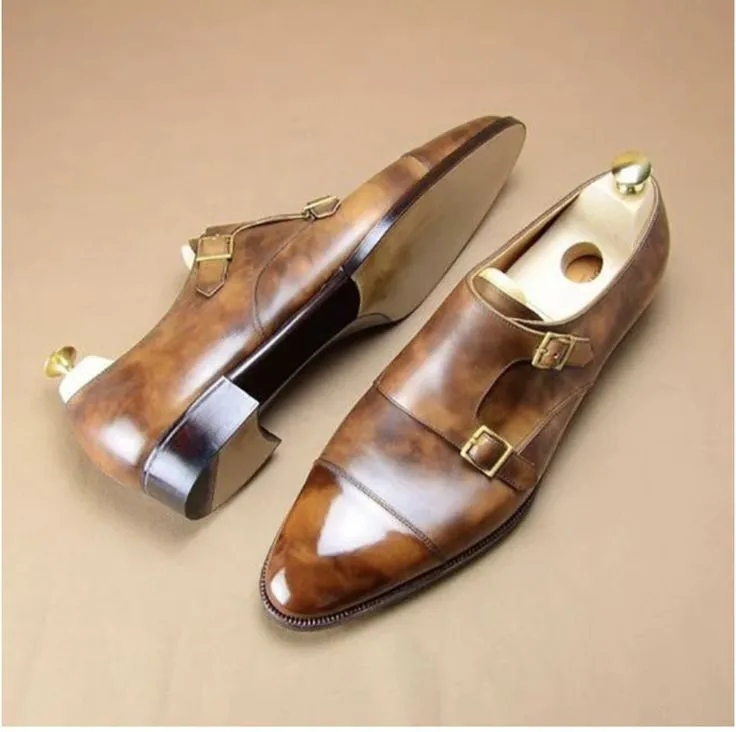 Brown Calf Leather Patina Toe Cap Monk Straps - Formal Shoes - Monk Shoes