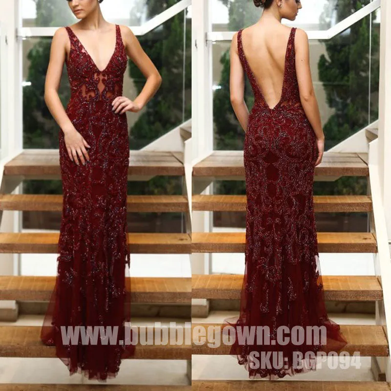 Burgundy V Neck Formal V Back Elegant Evening Long Prom Dress, BGP094