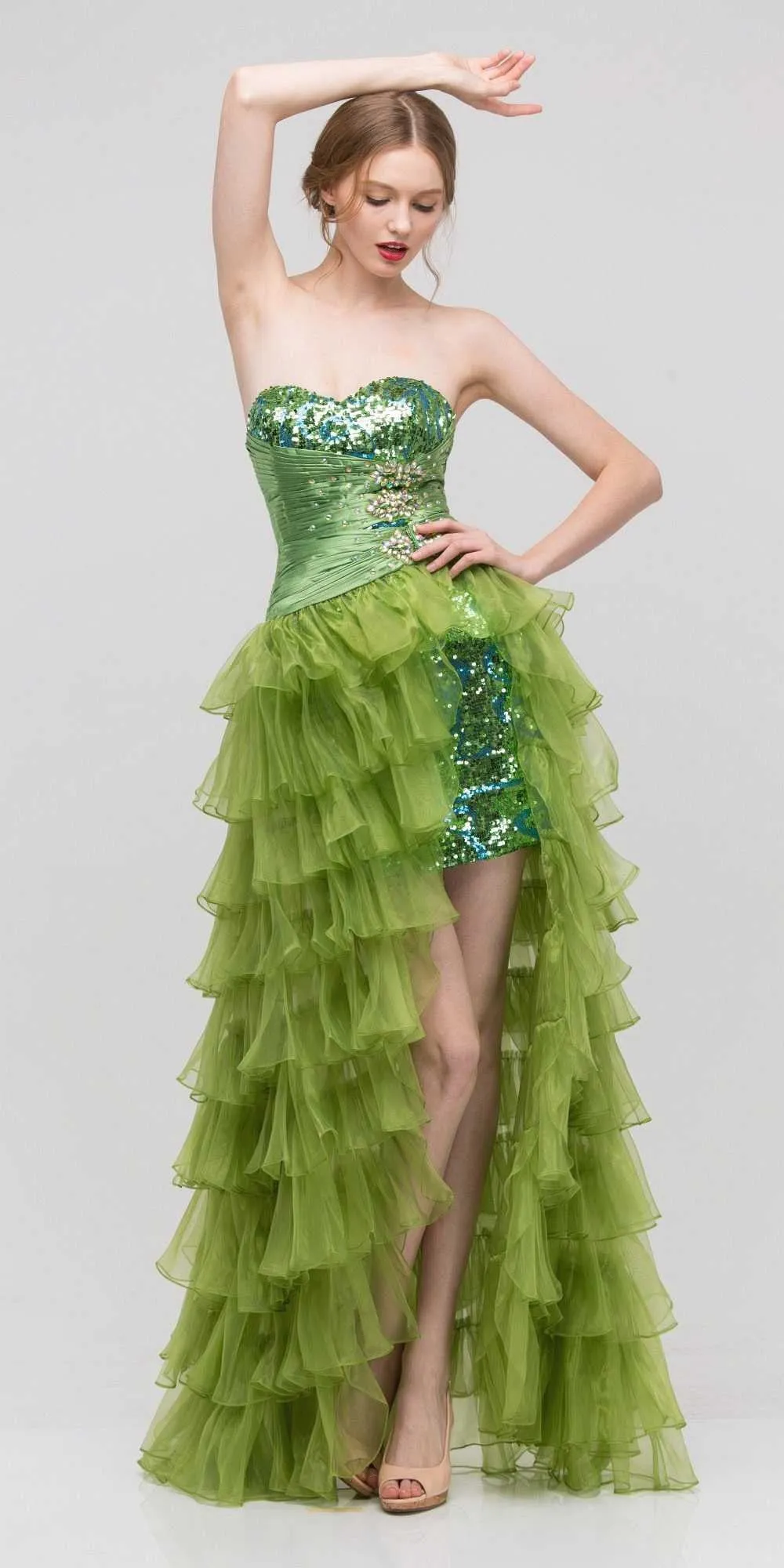 CLEARANCE - Eureka 2333 Long Ruffled Skirt Strapless Green Prom Dress (Size L)