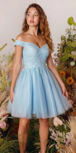 CLEARANCE - Eureka 9833 Short A-Line Off Shoulder Glitter Mesh Dress (Size M)