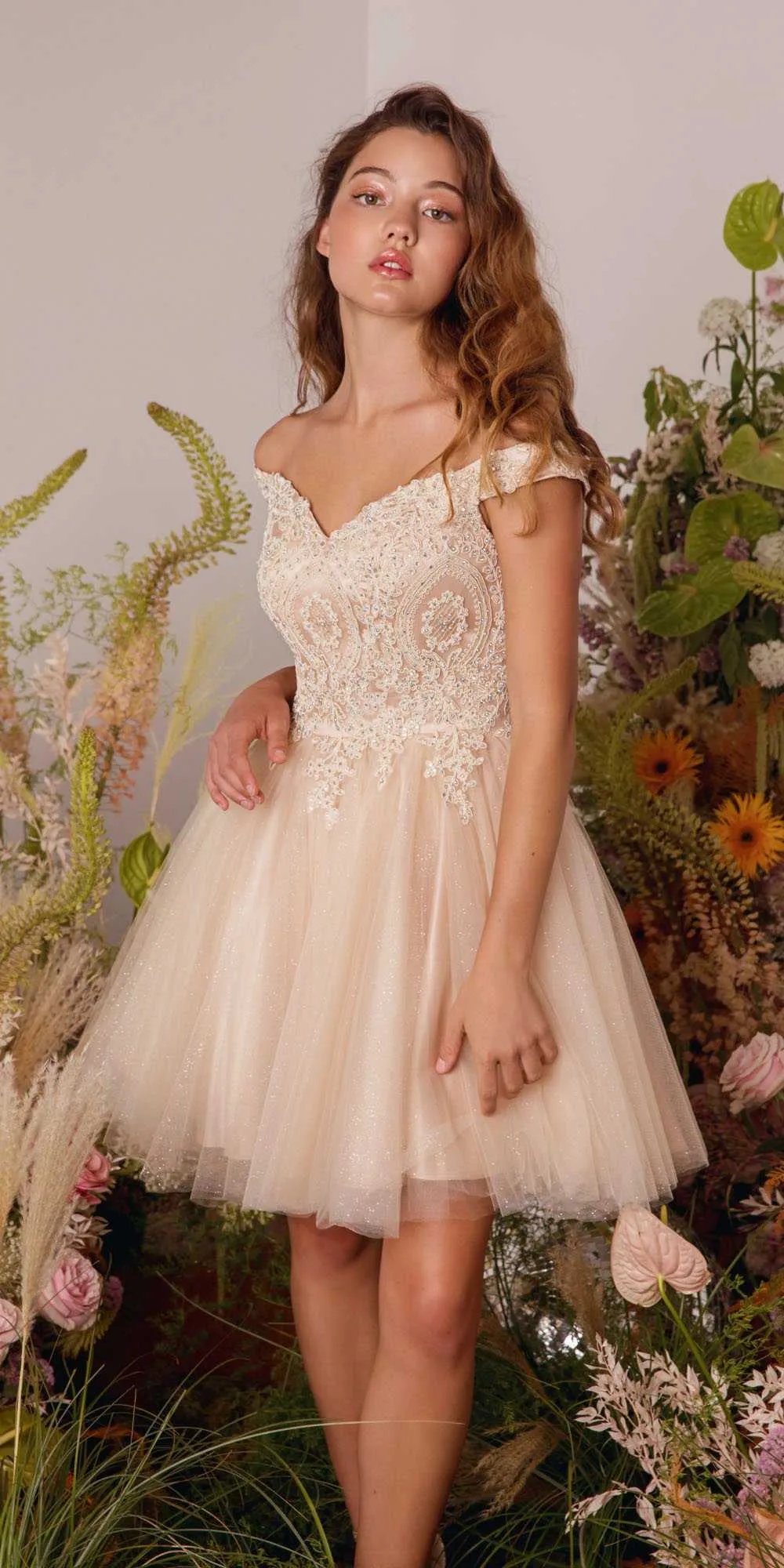 CLEARANCE - Eureka 9833 Short A-Line Off Shoulder Glitter Mesh Dress (Size M)