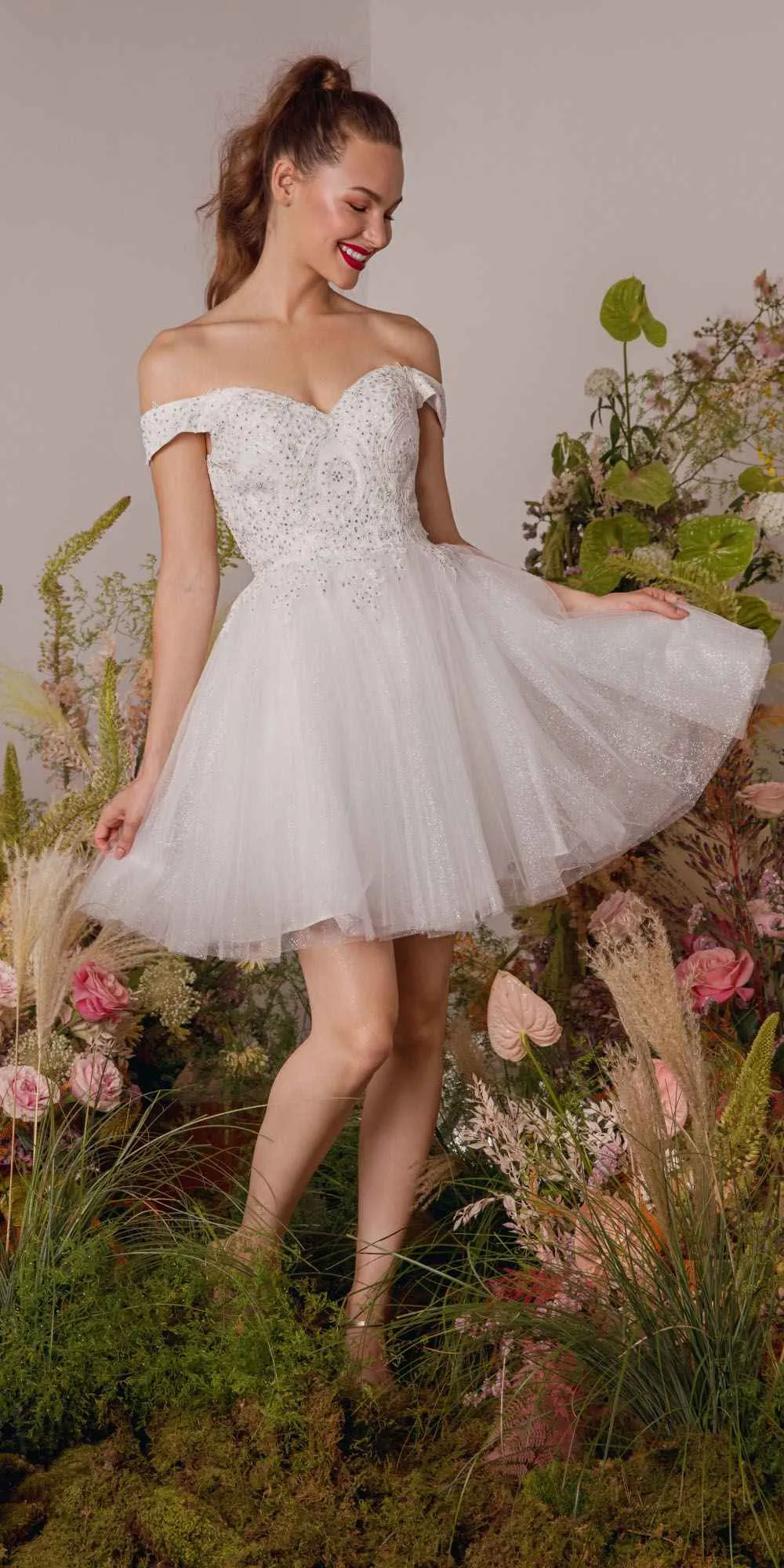 CLEARANCE - Eureka 9833 Short A-Line Off Shoulder Glitter Mesh Dress (Size M)