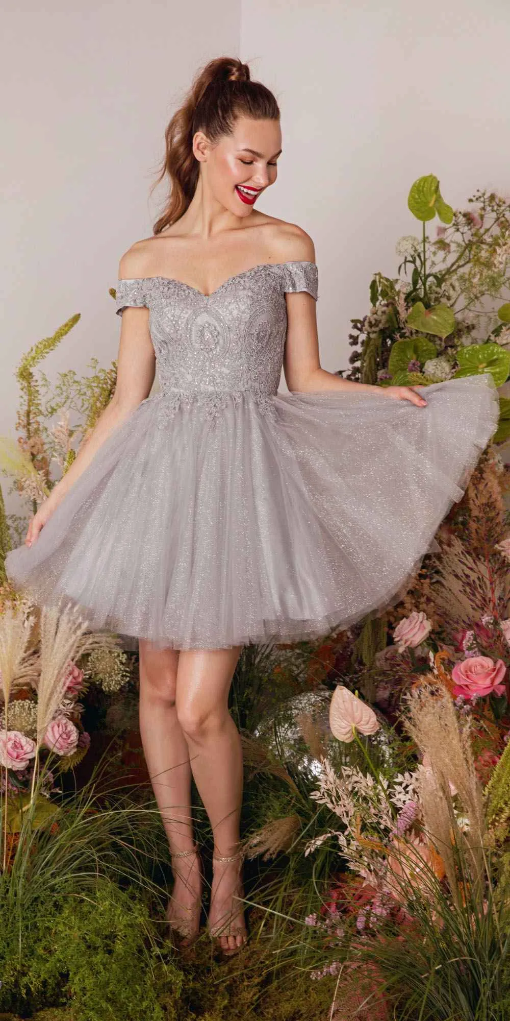 CLEARANCE - Eureka 9833 Short A-Line Off Shoulder Glitter Mesh Dress (Size M)