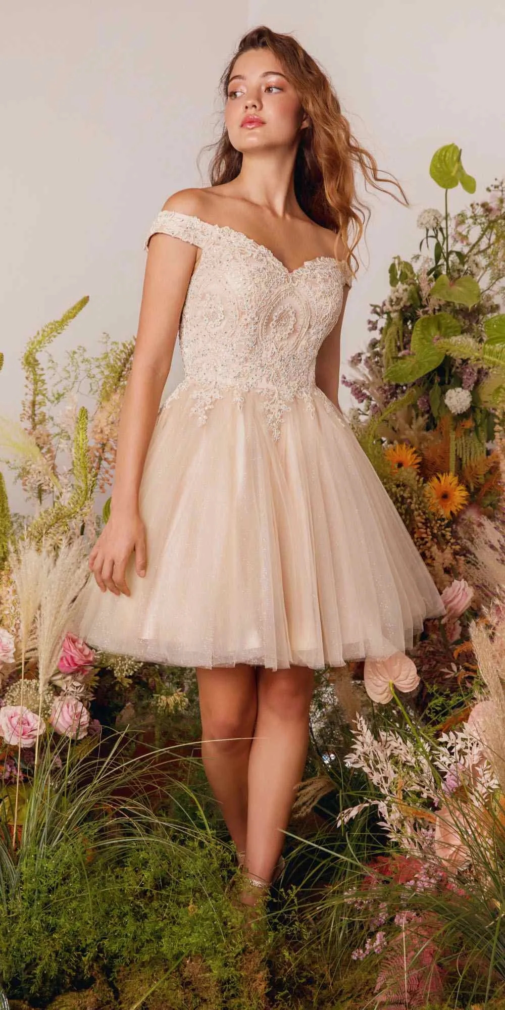 CLEARANCE - Eureka 9833 Short A-Line Off Shoulder Glitter Mesh Dress (Size M)
