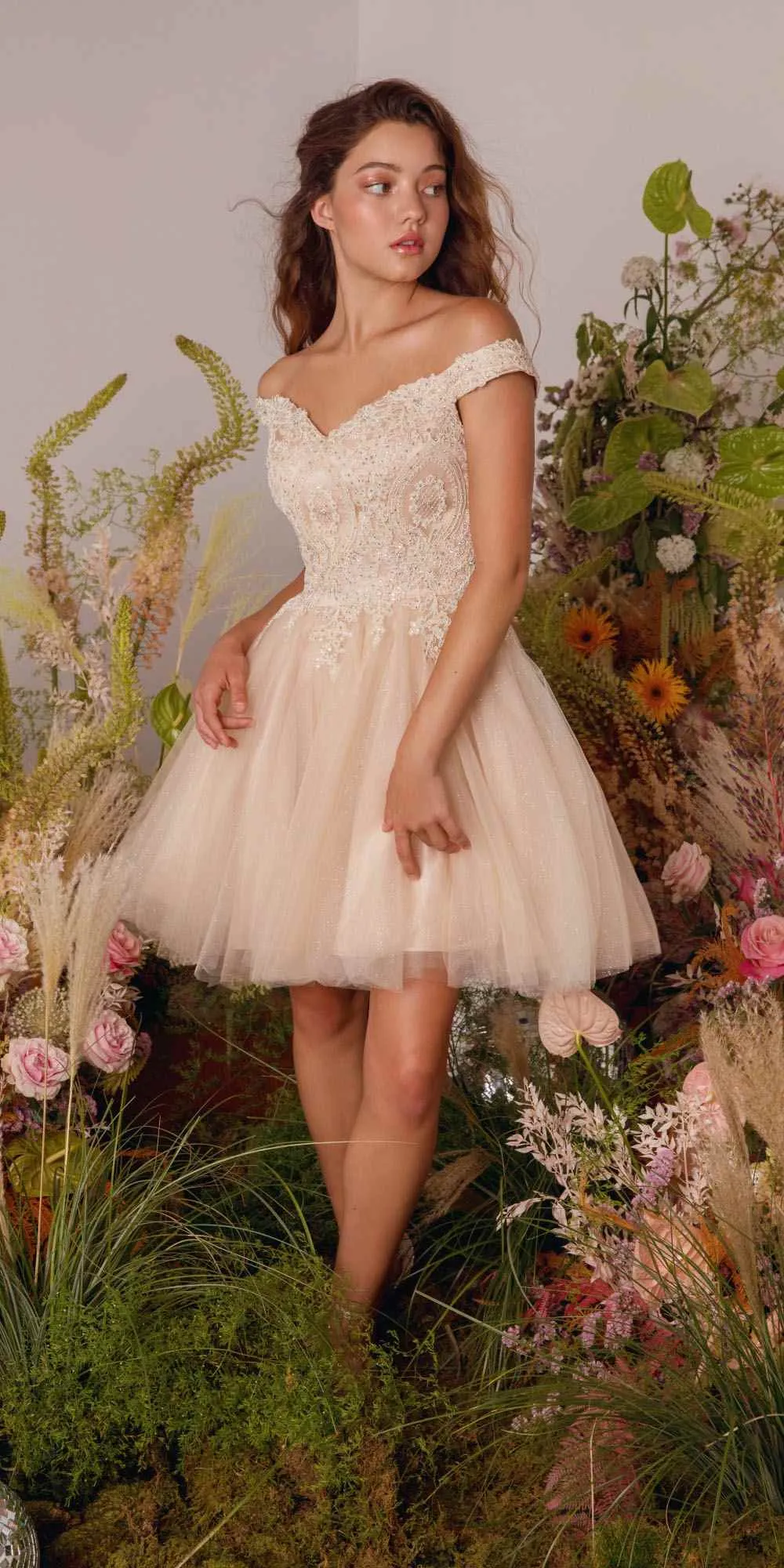 CLEARANCE - Eureka 9833 Short A-Line Off Shoulder Glitter Mesh Dress (Size M)