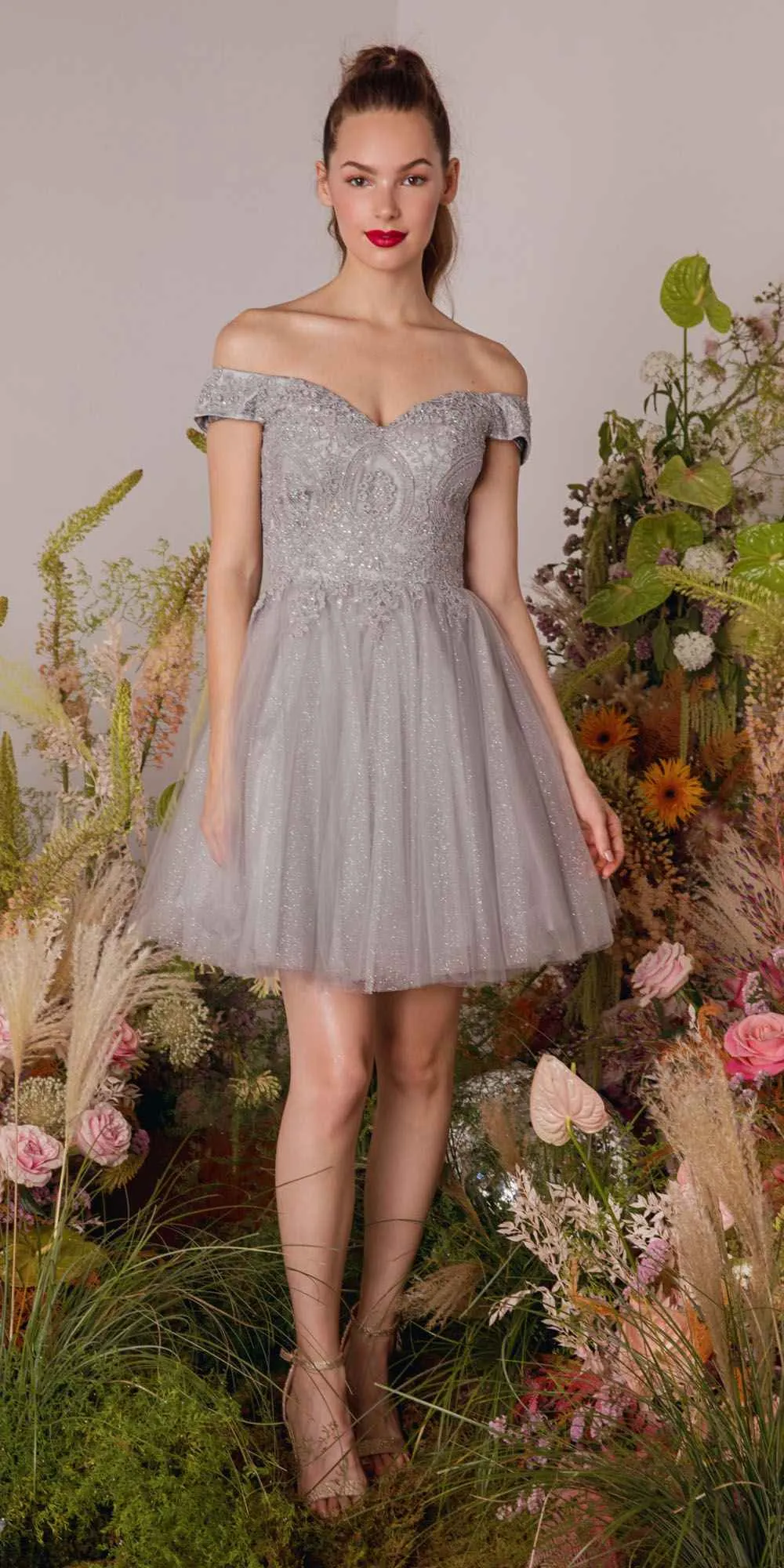 CLEARANCE - Eureka 9833 Short A-Line Off Shoulder Glitter Mesh Dress (Size M)