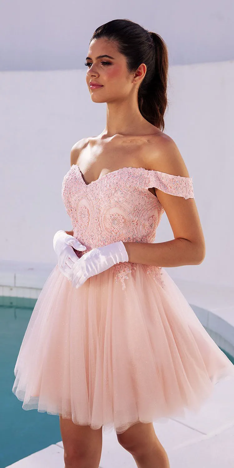 CLEARANCE - Eureka 9833 Short A-Line Off Shoulder Glitter Mesh Dress (Size M)