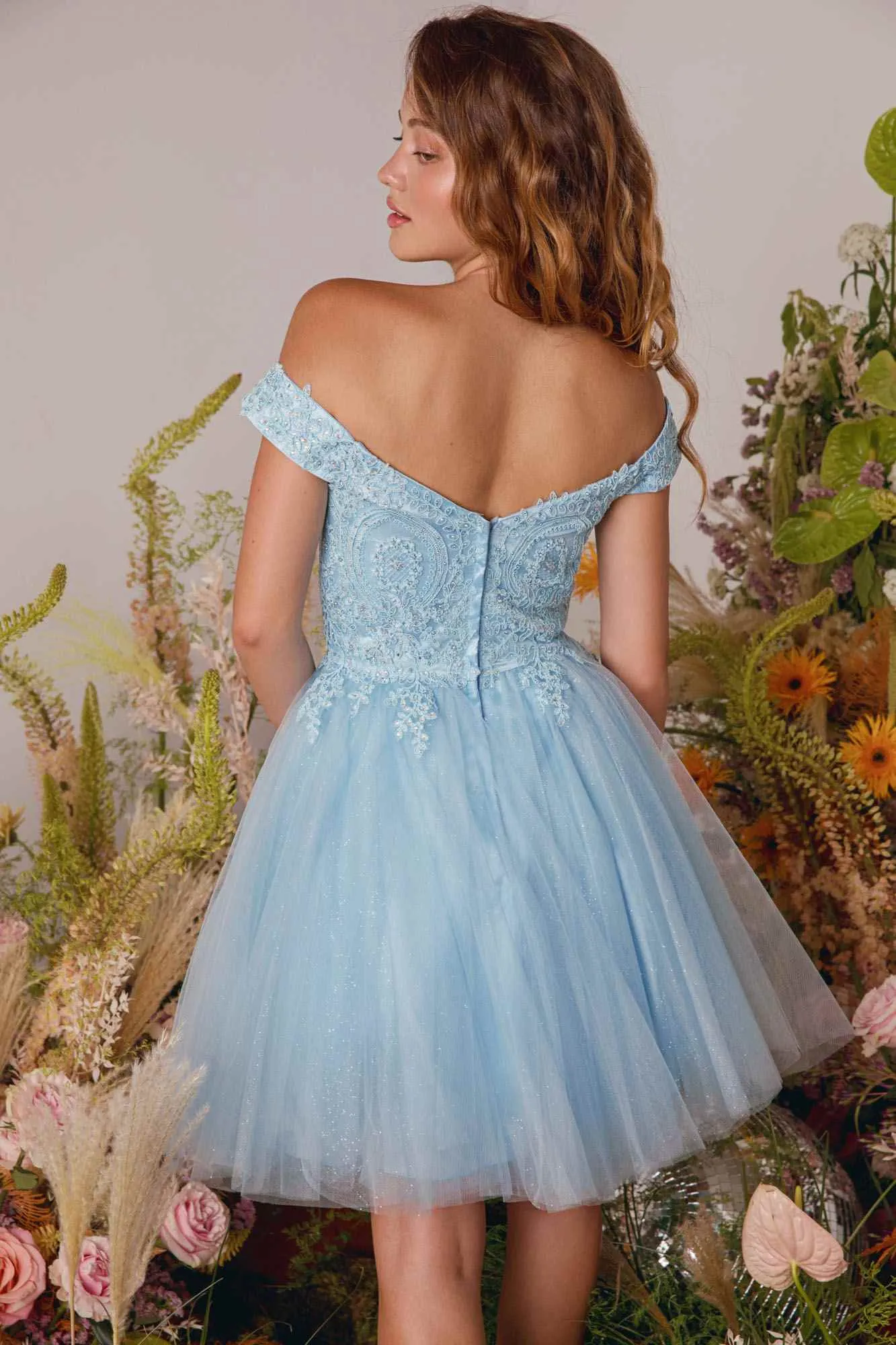 CLEARANCE - Eureka 9833 Short A-Line Off Shoulder Glitter Mesh Dress (Size M)