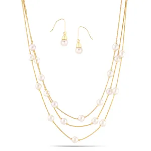 Cream Pearl With Gold Three-Strand Necklace And Earrings Set #HNNE084_GLD-CRM(AA4)