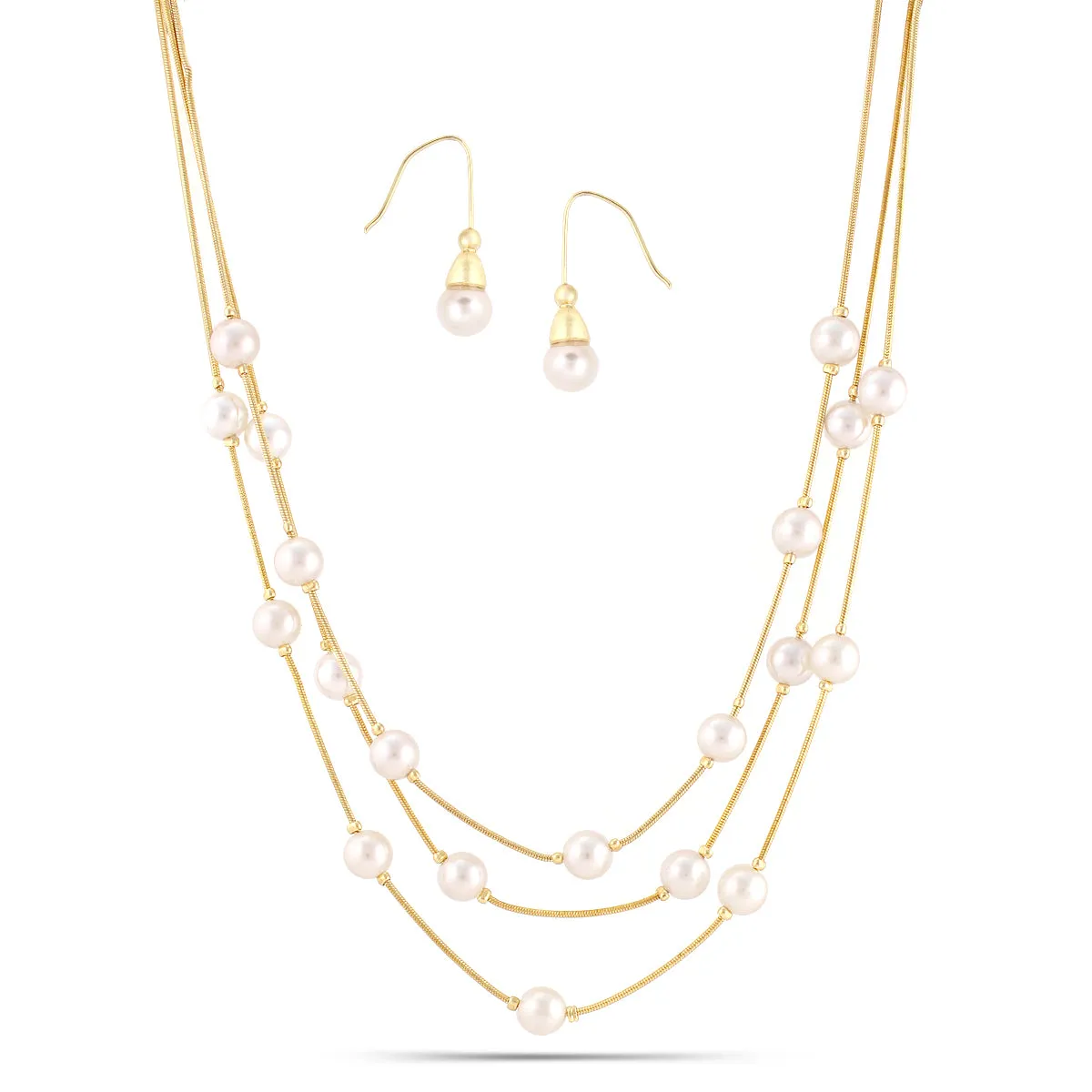 Cream Pearl With Gold Three-Strand Necklace And Earrings Set #HNNE084_GLD-CRM(AA4)