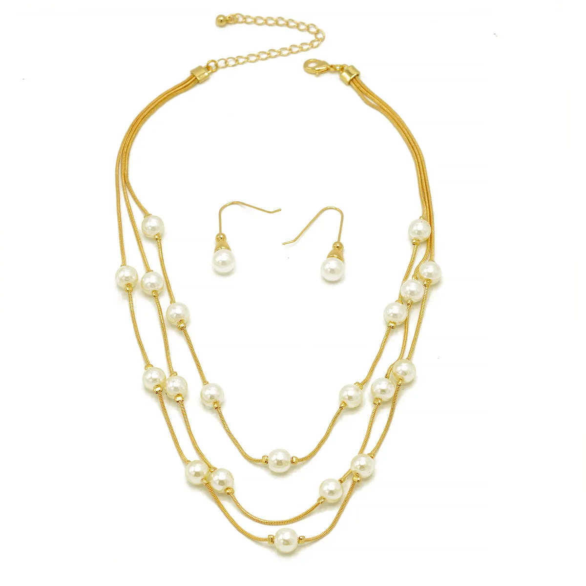 Cream Pearl With Gold Three-Strand Necklace And Earrings Set #HNNE084_GLD-CRM(AA4)