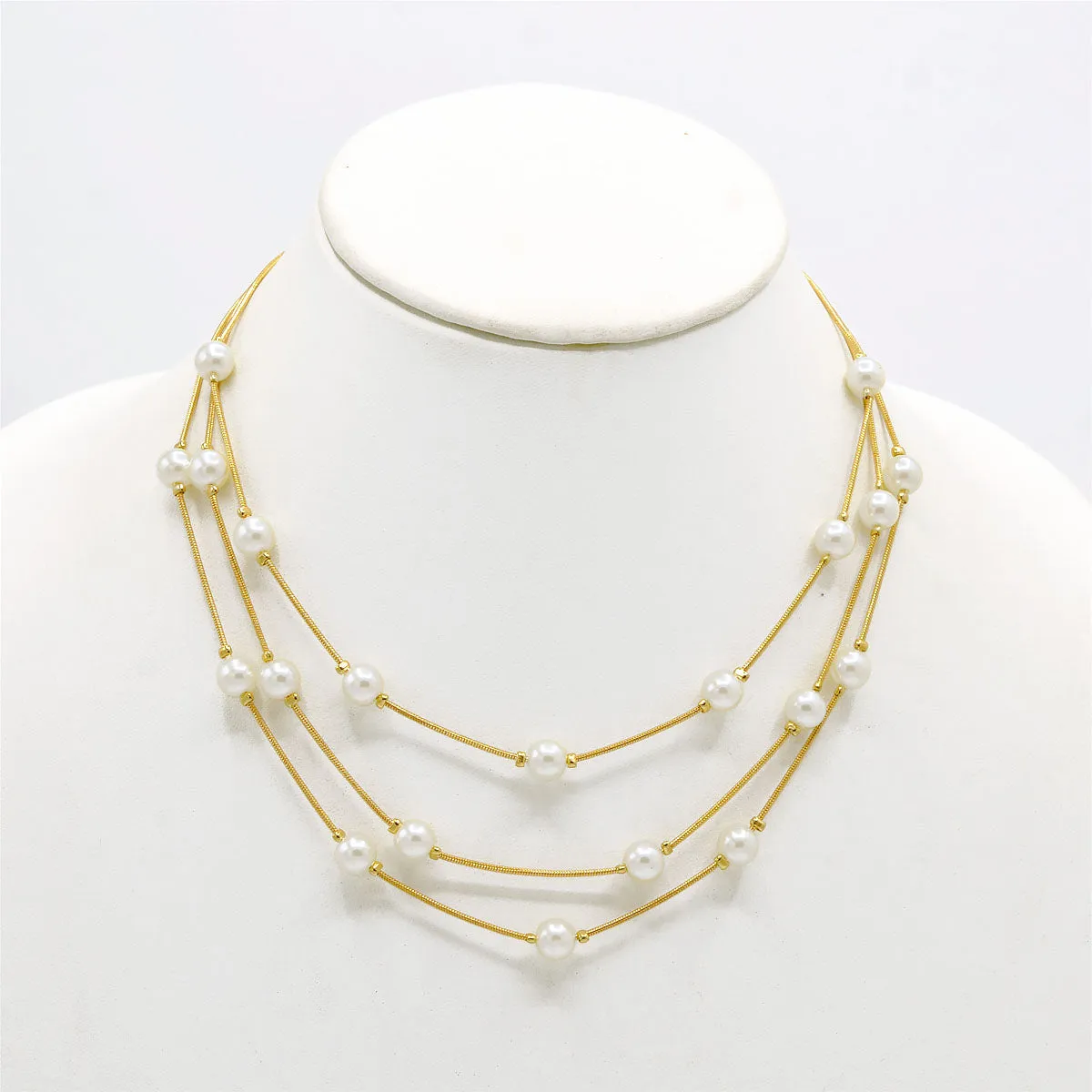 Cream Pearl With Gold Three-Strand Necklace And Earrings Set #HNNE084_GLD-CRM(AA4)