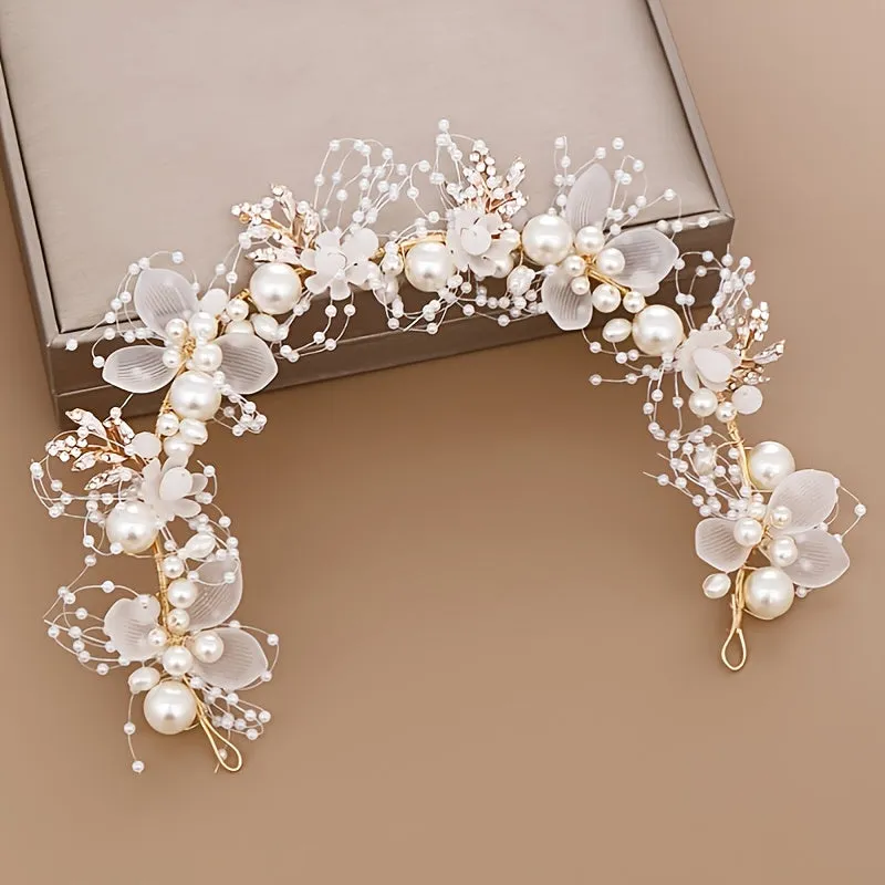 Crystal Pearl Flower Tiara Headband for Women
