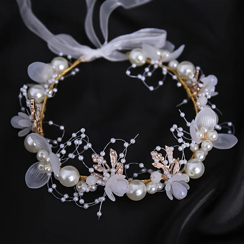 Crystal Pearl Flower Tiara Headband for Women