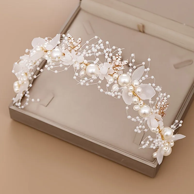 Crystal Pearl Flower Tiara Headband for Women