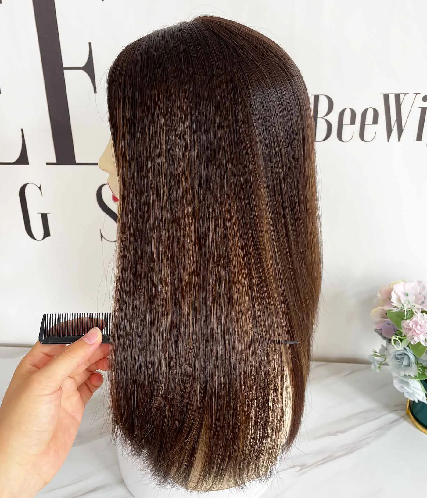 Cuticles Human Hair Silk Base Topper - Brown with Highlights