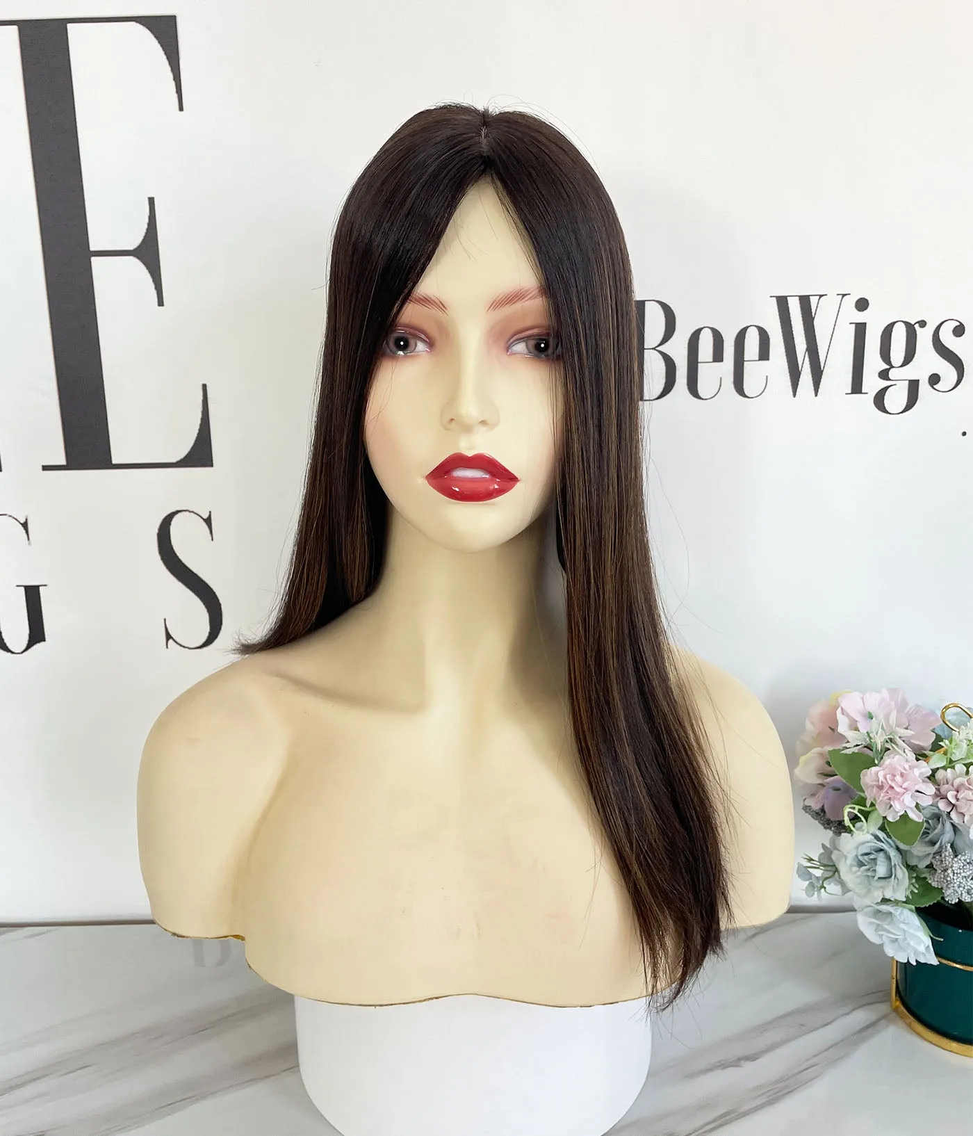 Cuticles Human Hair Silk Base Topper - Brown with Highlights
