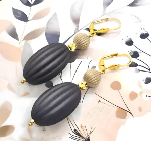 Dark Gray, Ivory and Gold Puffed Oval Dangle Silicone Statement Earrings