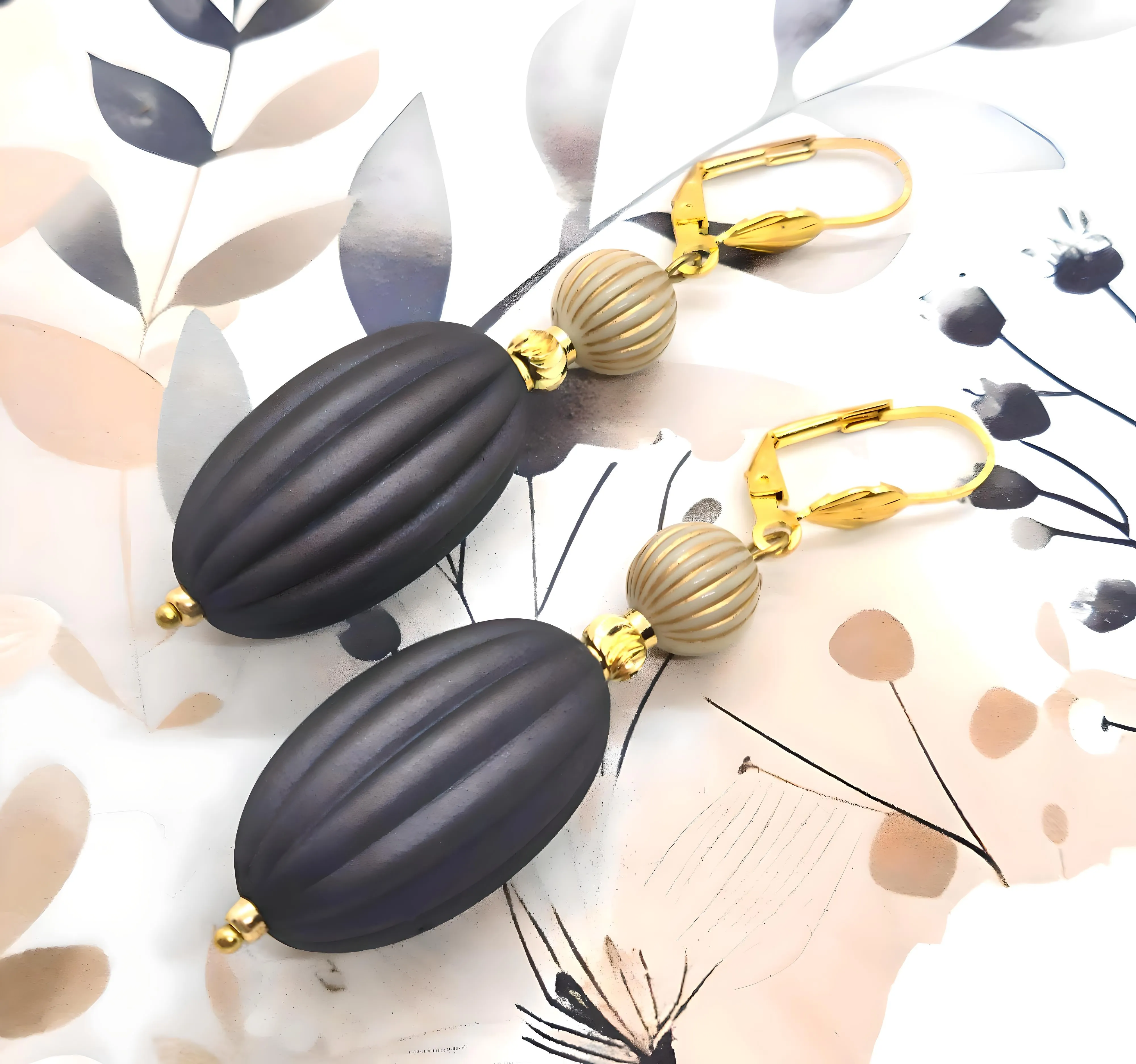 Dark Gray, Ivory and Gold Puffed Oval Dangle Silicone Statement Earrings