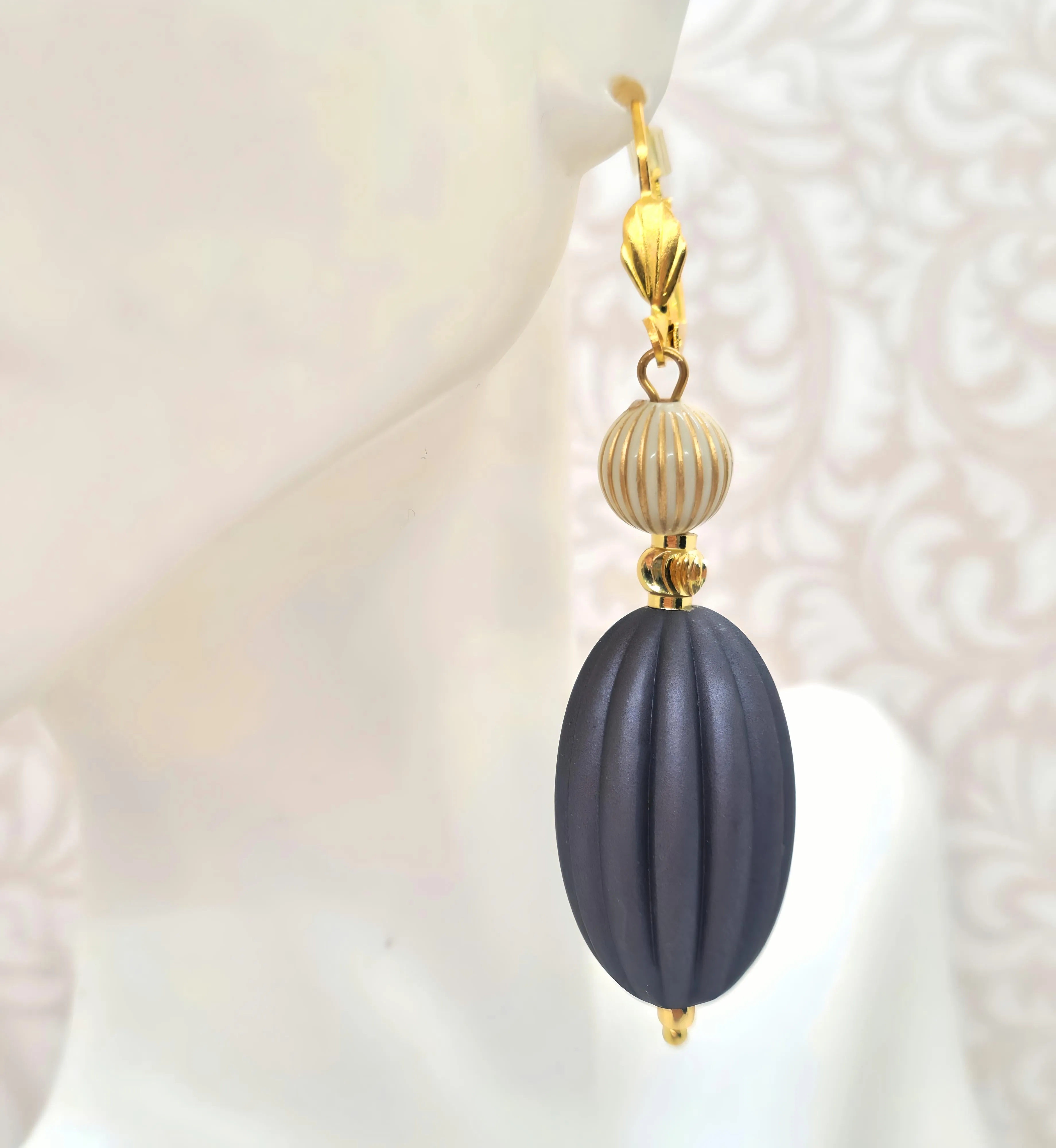 Dark Gray, Ivory and Gold Puffed Oval Dangle Silicone Statement Earrings
